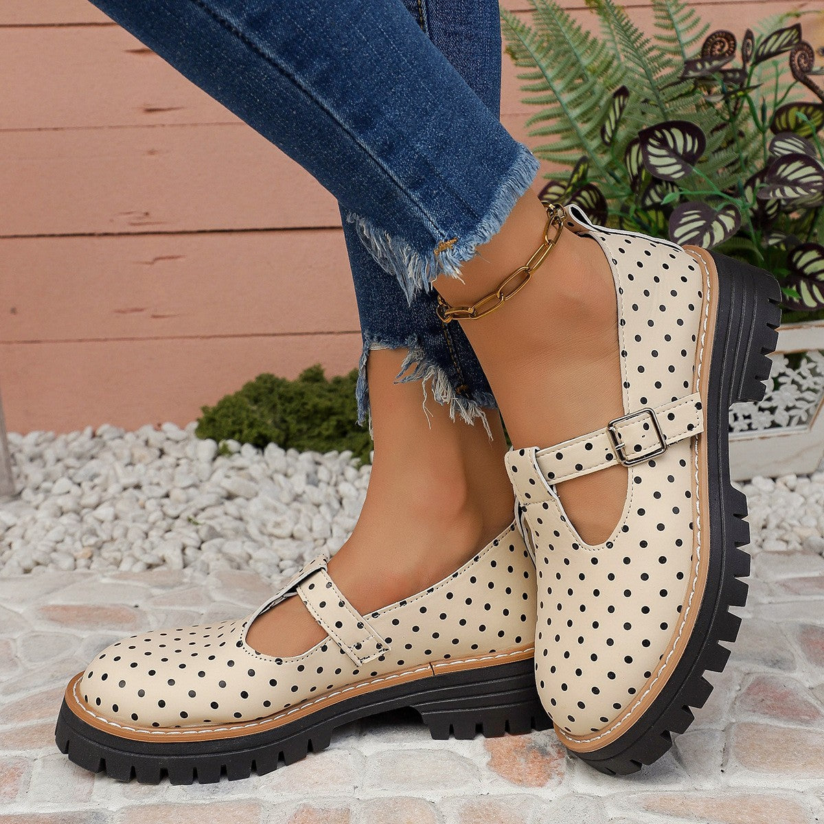 Polka Dot T-Strap Platform Mary Jane Shoes - Beige Tan