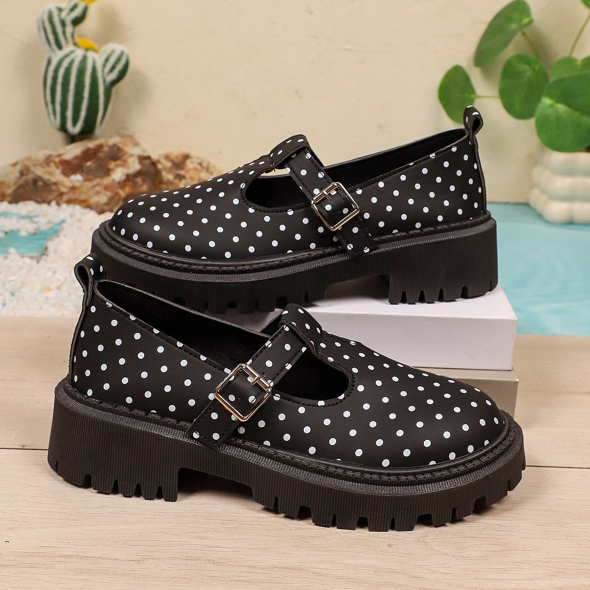 Polka Dot T-Strap Platform Mary Jane Shoes - Black