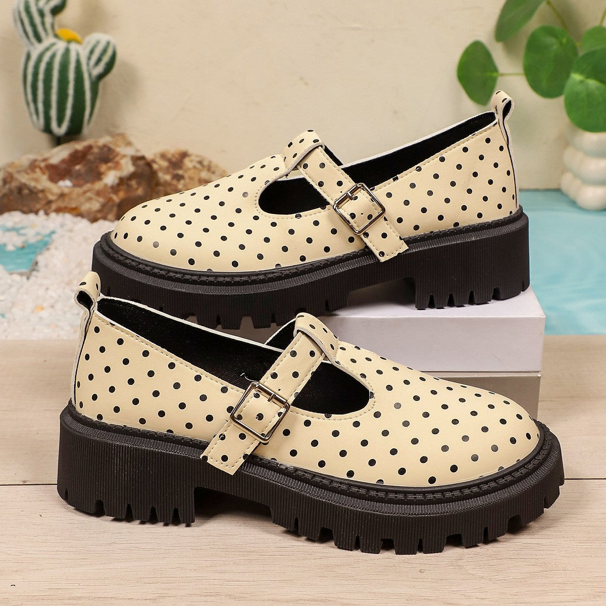 Polka Dot T-Strap Platform Mary Jane Shoes - Cream