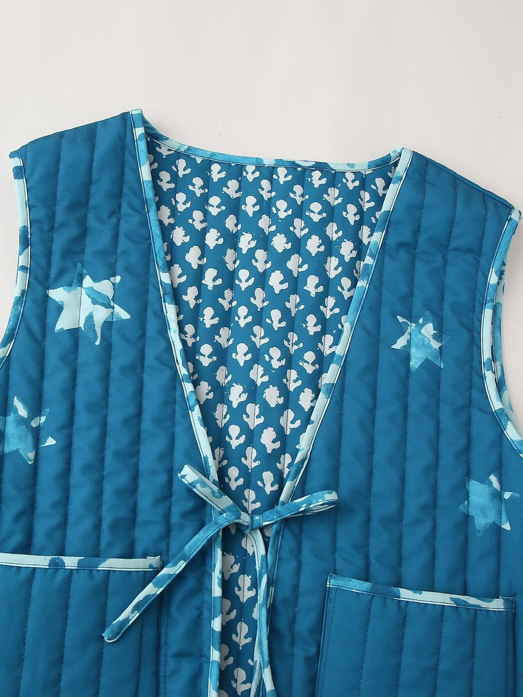 Reversible Star Print Quilted Vest - Blue - 2