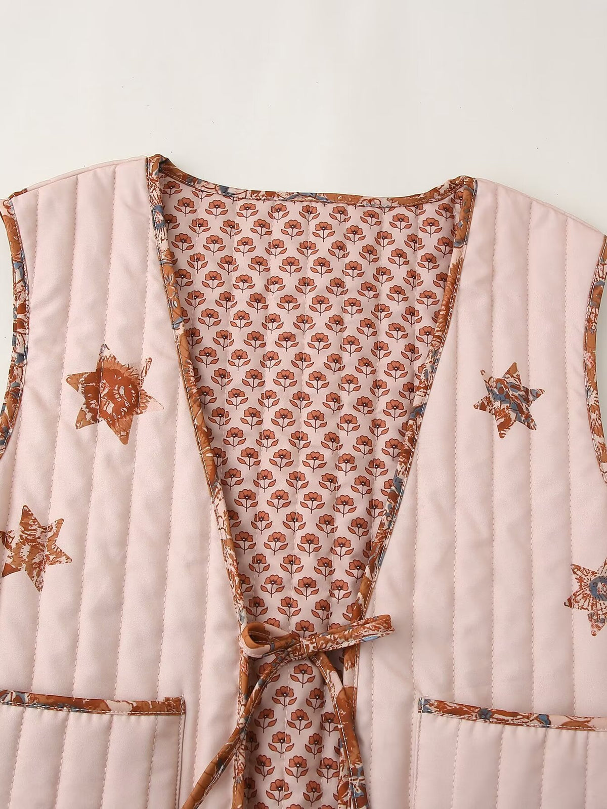 Reversible Star Print Quilted Vest - Pink - 5