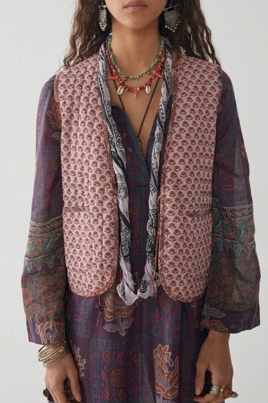 Reversible Star Print Quilted Vest - Pink - 9