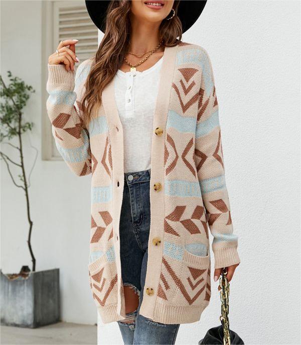 Patterned Knit Button Front Longline Cardigan - Beige