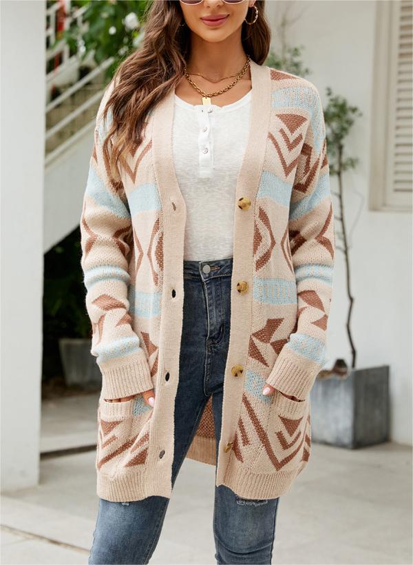 Patterned Knit Button Front Longline Cardigan - Beige - 1
