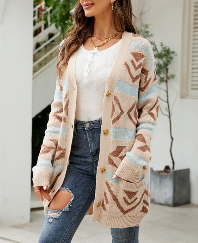 Patterned Knit Button Front Longline Cardigan - Beige - 2