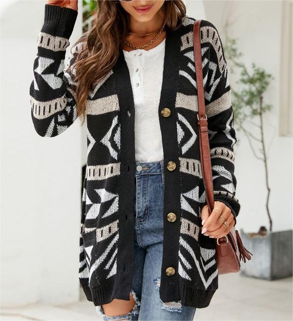 Patterned Knit Button Front Longline Cardigan - Black