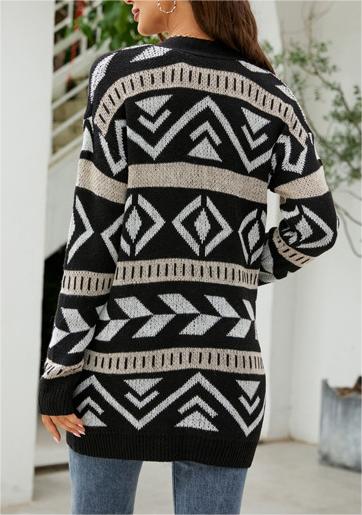 Patterned Knit Button Front Longline Cardigan - Black - 1
