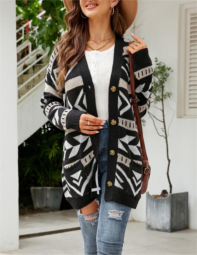 Patterned Knit Button Front Longline Cardigan - Black - 2