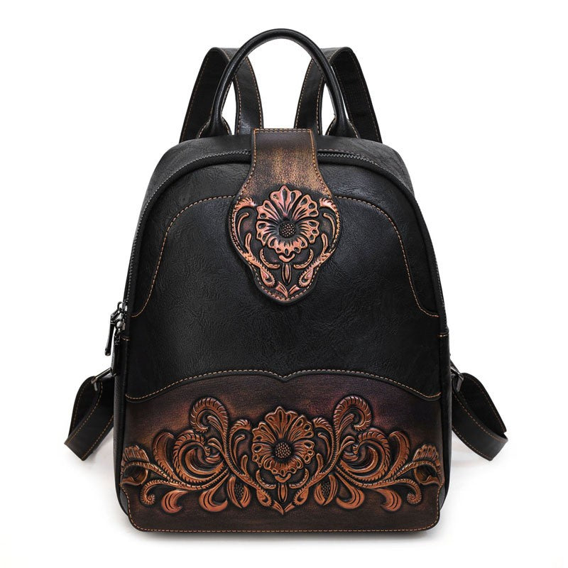 Tooled Floral Faux Leather Backpack - Black