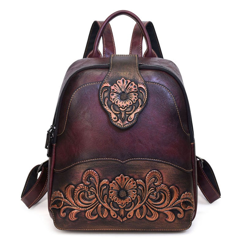 Tooled Floral Faux Leather Backpack - Burgundy