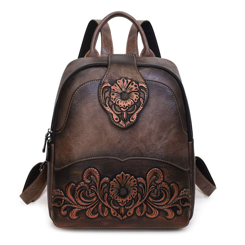 Tooled Floral Faux Leather Backpack - Coffee