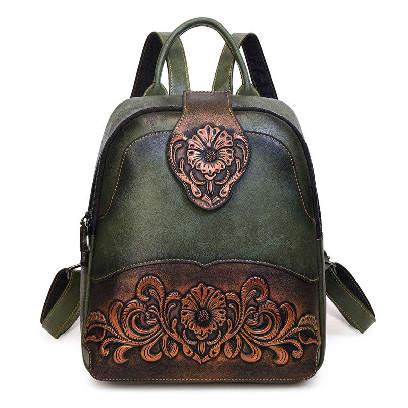 Tooled Floral Faux Leather Backpack - Green