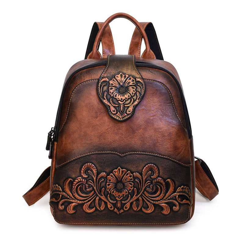 Tooled Floral Faux Leather Backpack - Tan