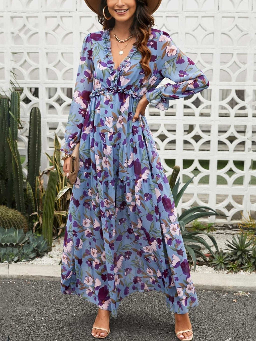Long Sleeve Floral Chiffon Maxi Dress - Blue