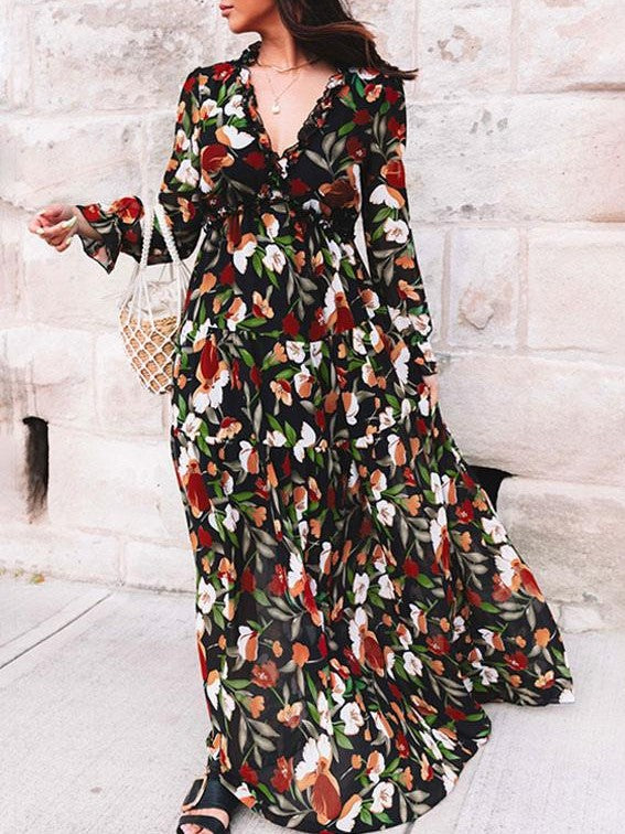 Long Sleeve Floral Chiffon Maxi Dress - Colourful