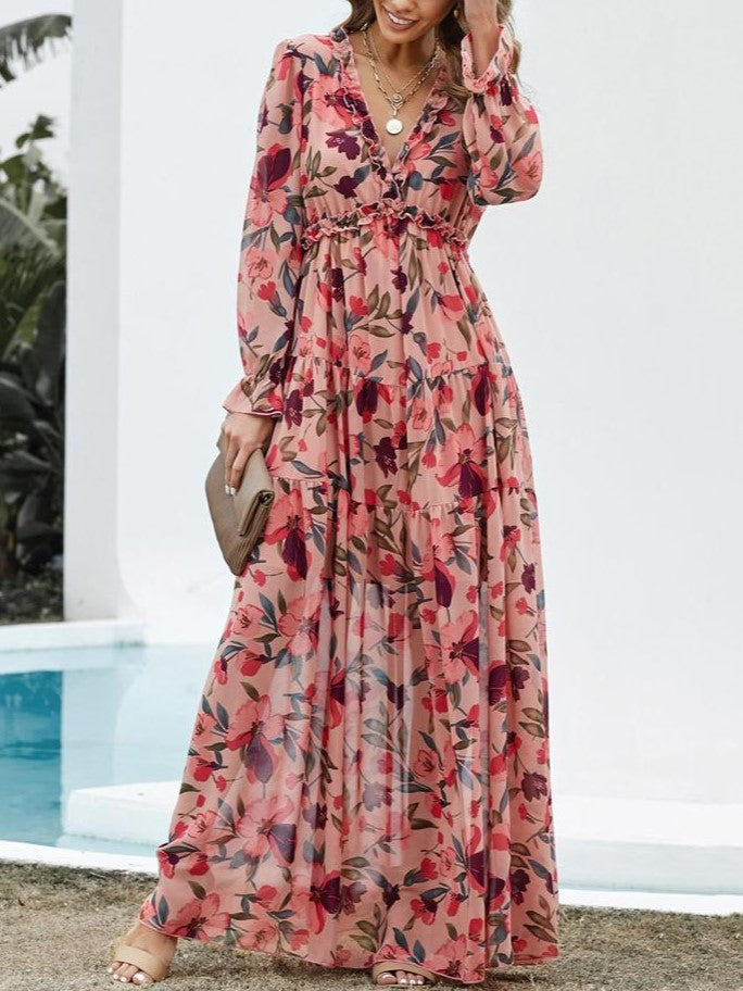 Long Sleeve Floral Chiffon Maxi Dress - DarkPink