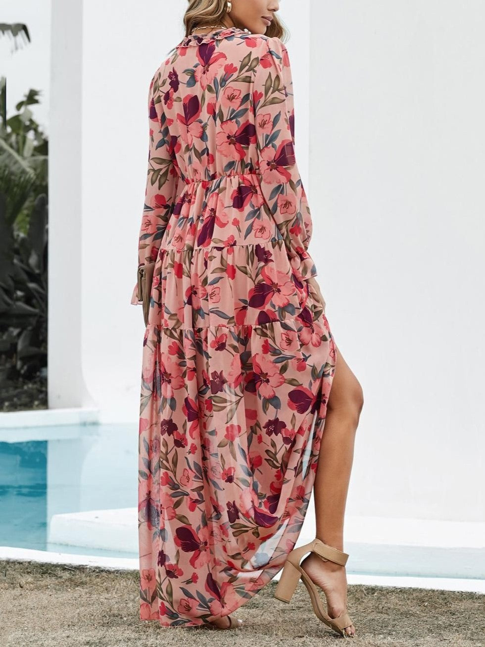 Long Sleeve Floral Chiffon Maxi Dress - DarkPink - 1