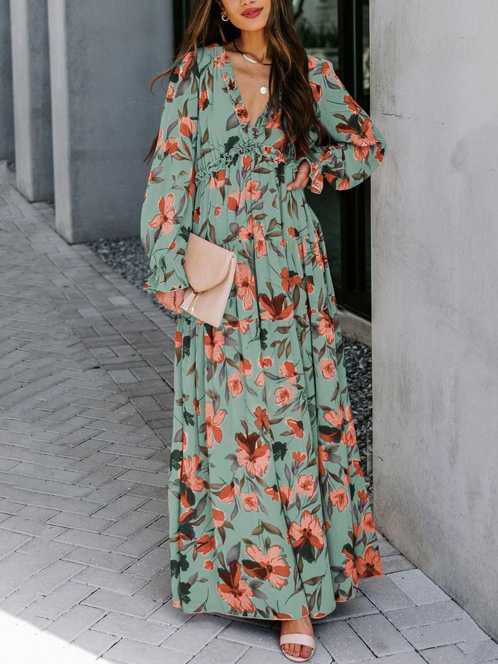 Long Sleeve Floral Chiffon Maxi Dress - Green