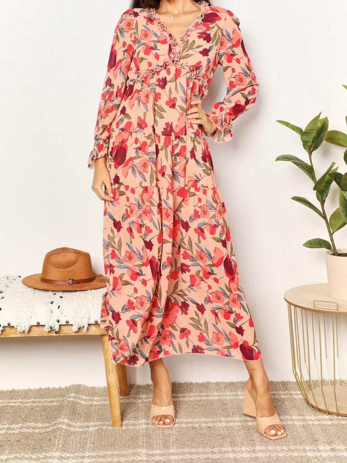 Long Sleeve Floral Chiffon Maxi Dress - Rose