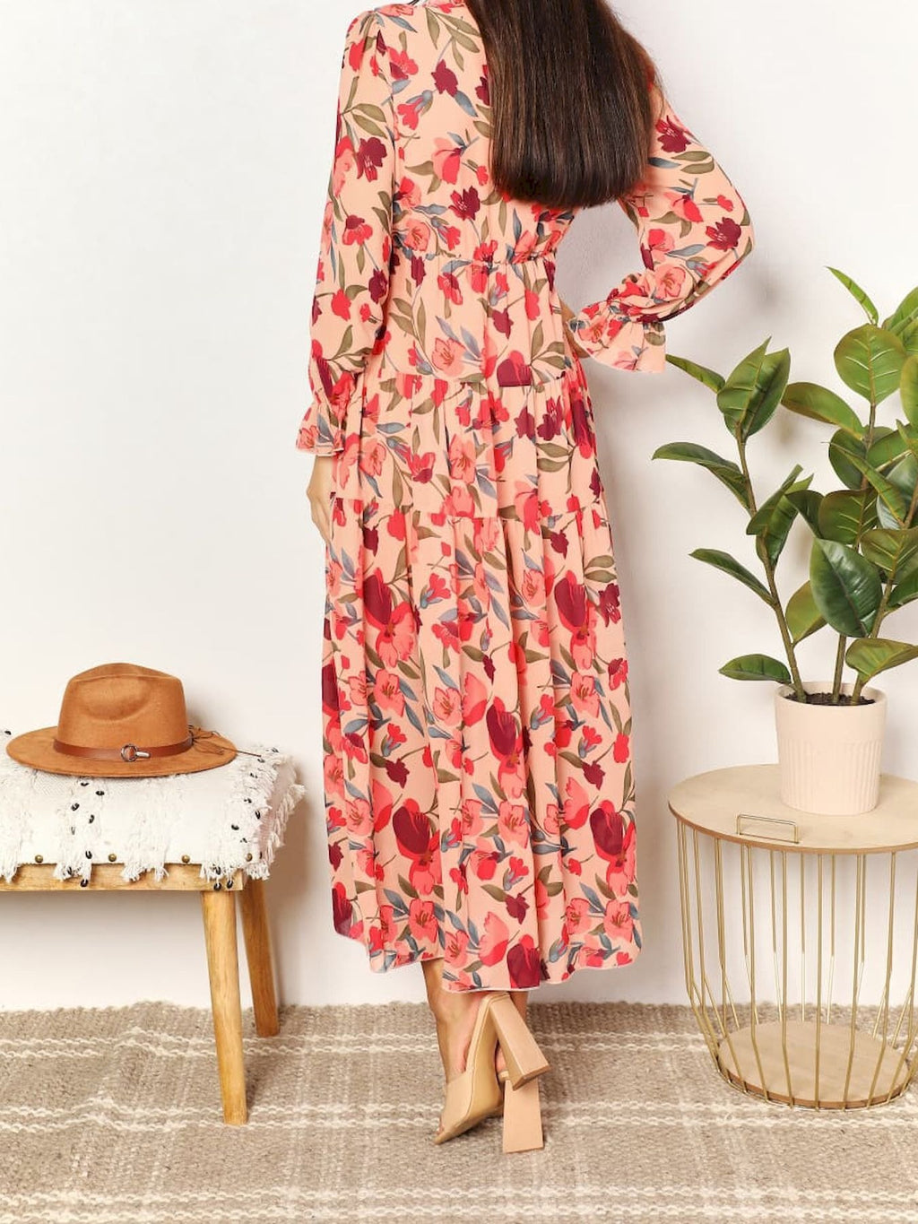Long Sleeve Floral Chiffon Maxi Dress - Rose - 1