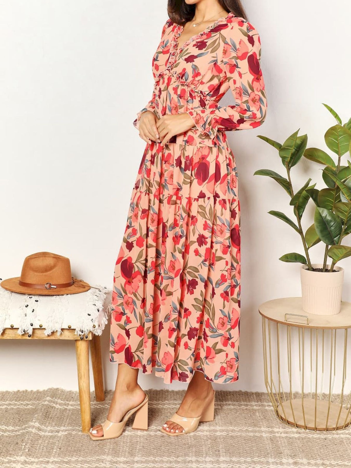 Long Sleeve Floral Chiffon Maxi Dress - Rose - 2