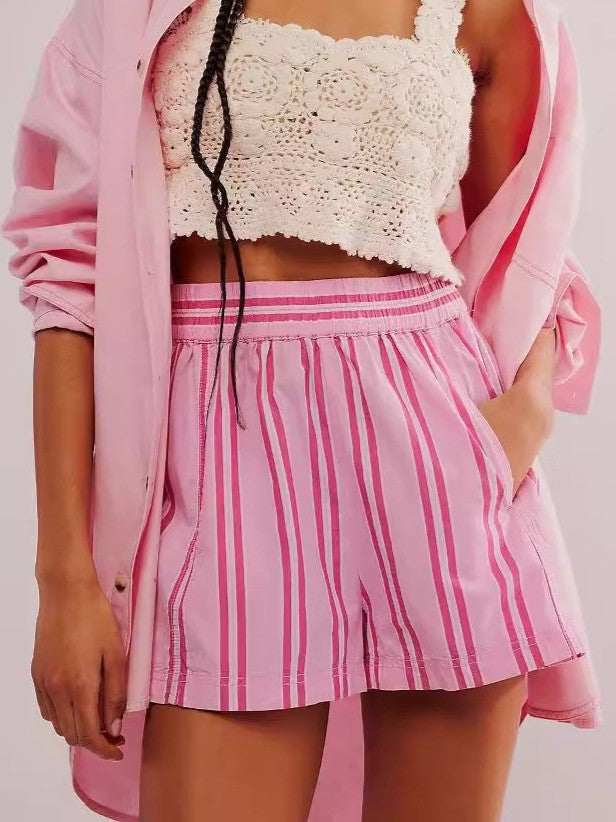 Candy Stripe Cotton Shorts With Pockets - Rose