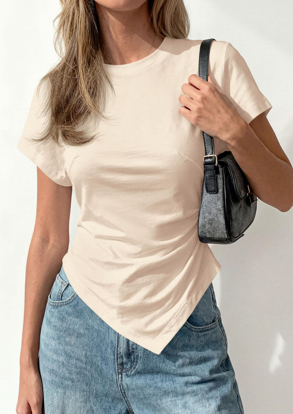 Ruched Side Asymmetric Hem Slim Fit Tee - Beige - 1