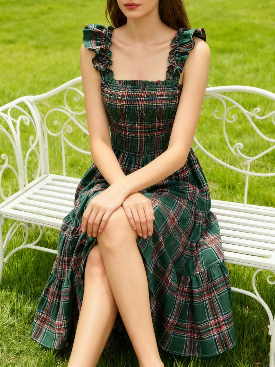 Plaid Smocked Tiered Ruffle Strap Midi Dress - Green - 1