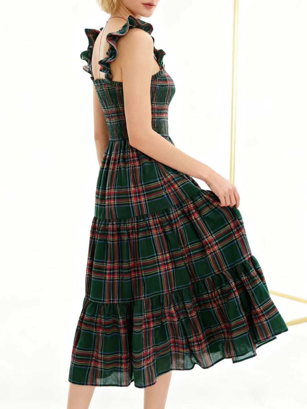 Plaid Smocked Tiered Ruffle Strap Midi Dress - Green - 2