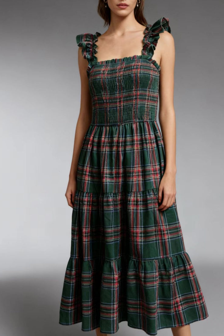 Plaid Smocked Tiered Ruffle Strap Midi Dress - Green - 3