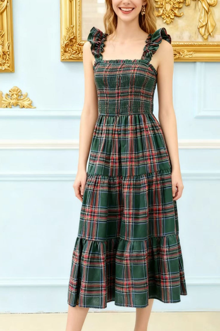 Plaid Smocked Tiered Ruffle Strap Midi Dress - Green - 4