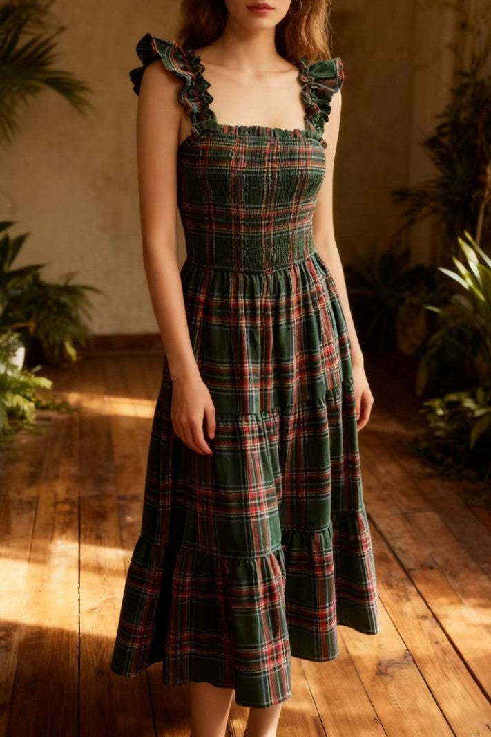 Plaid Smocked Tiered Ruffle Strap Midi Dress - Green - 5