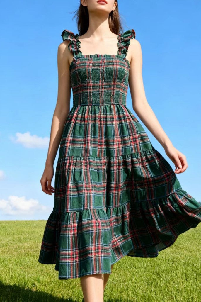 Plaid Smocked Tiered Ruffle Strap Midi Dress - Green - 6