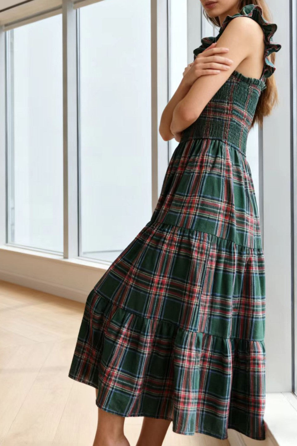 Plaid Smocked Tiered Ruffle Strap Midi Dress - Green - 7