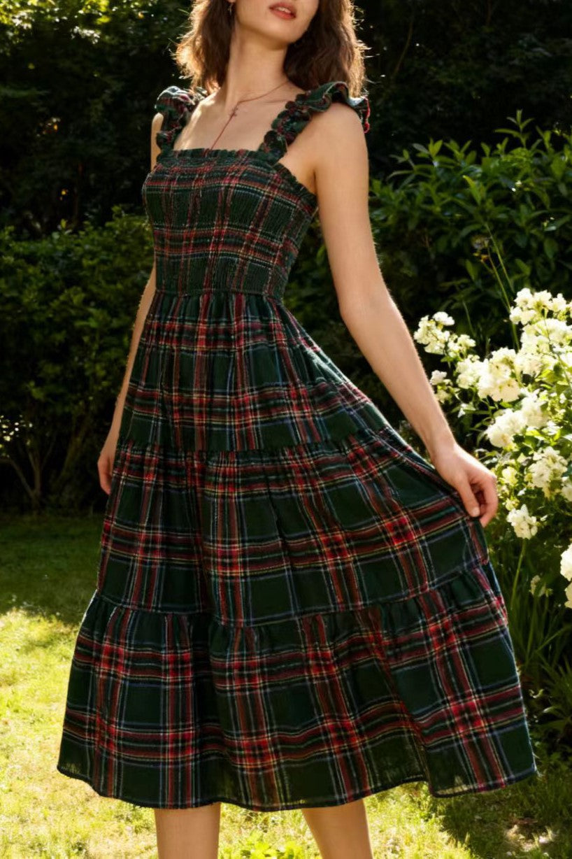 Plaid Smocked Tiered Ruffle Strap Midi Dress - Green - 8