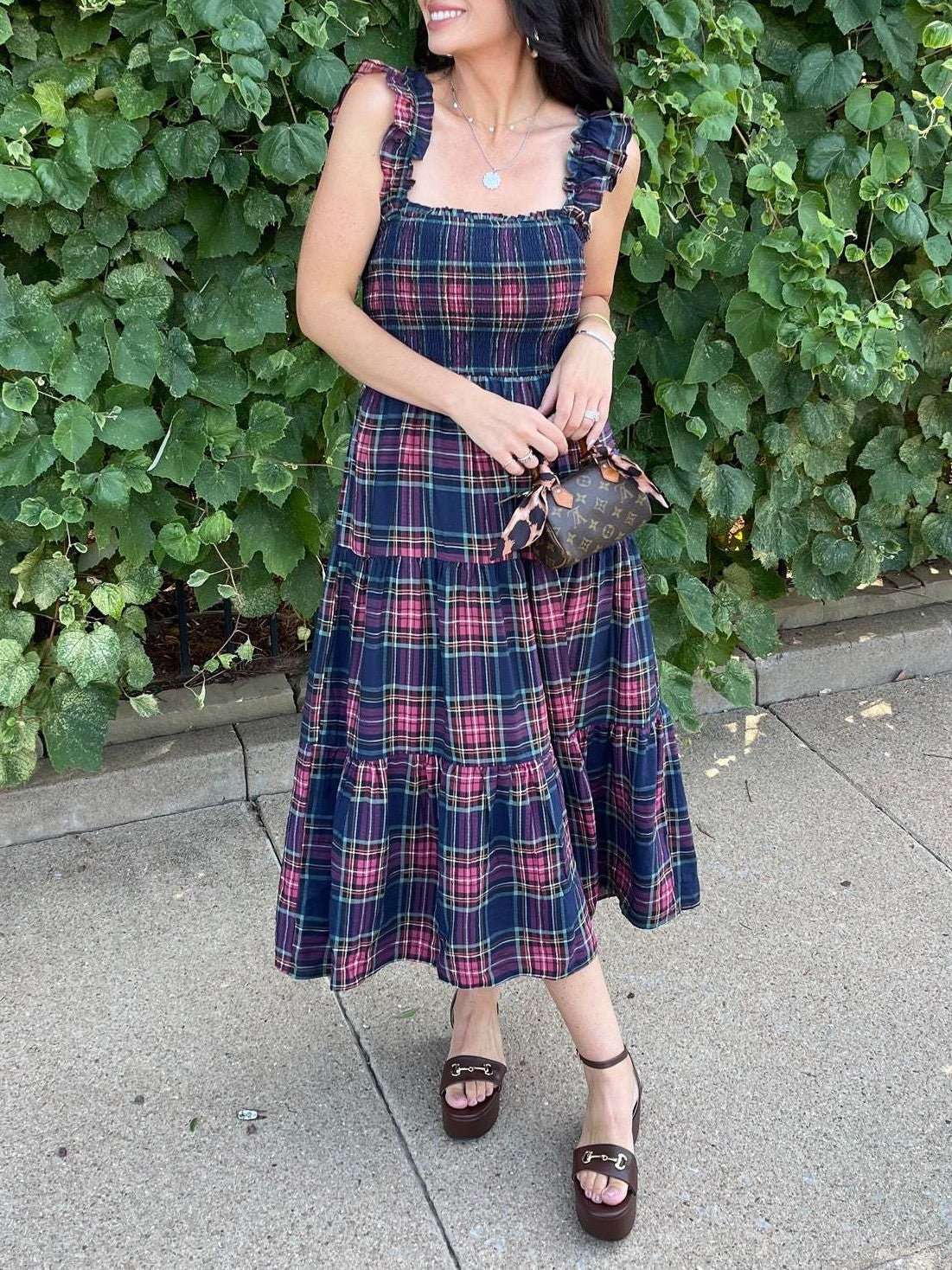 Plaid Smocked Tiered Ruffle Strap Midi Dress - Navy