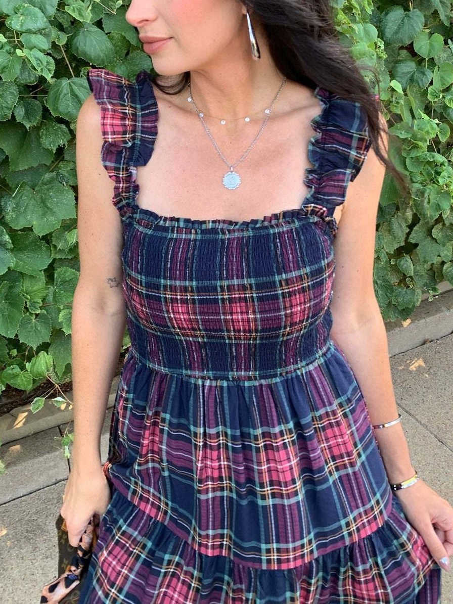 Plaid Smocked Tiered Ruffle Strap Midi Dress - Navy - 1