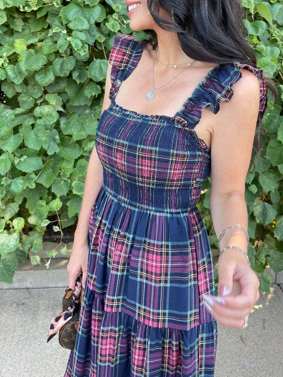 Plaid Smocked Tiered Ruffle Strap Midi Dress - Navy - 2