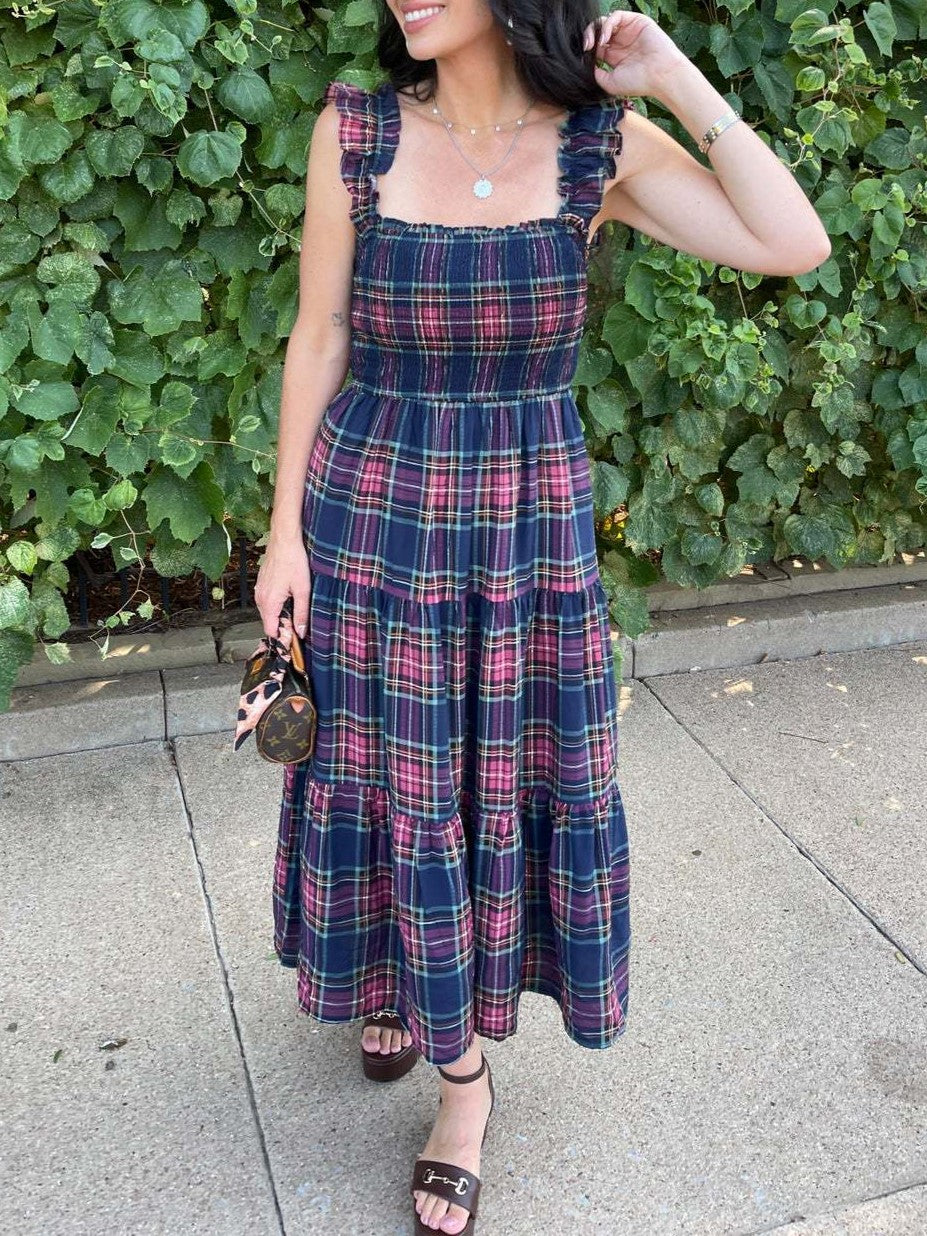 Plaid Smocked Tiered Ruffle Strap Midi Dress - Navy - 3