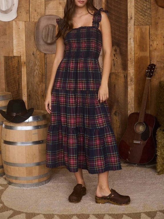 Plaid Smocked Tiered Ruffle Strap Midi Dress - Navy - 5
