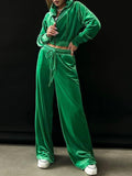 Velour Cropped Hoodie And Wide Leg Trouser Set - Green