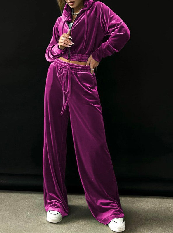 Velour Cropped Hoodie And Wide Leg Trouser Set - Rosered