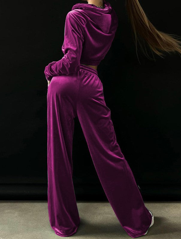 Velour Cropped Hoodie And Wide Leg Trouser Set - Rosered - 1