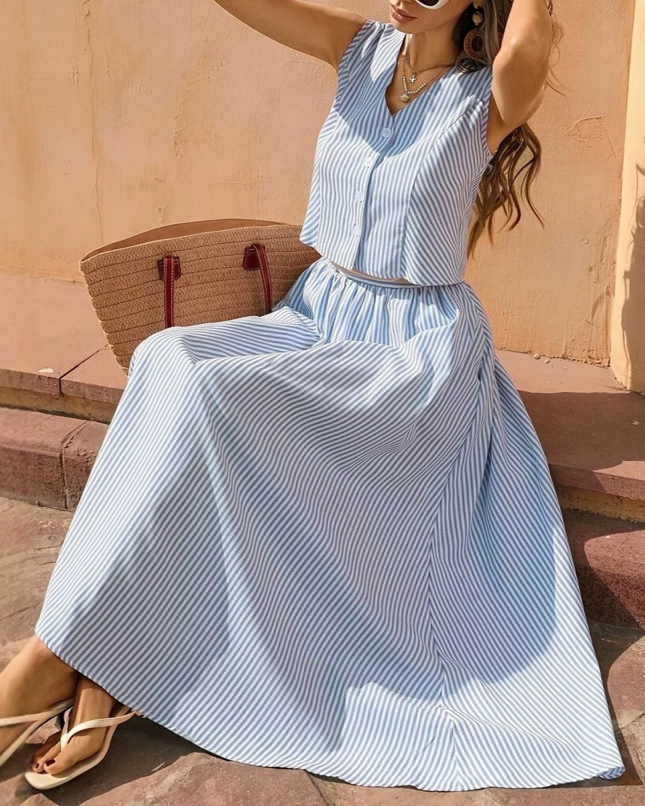 Pinstripe Button Front Top And Maxi Skirt Set - Blue - 1