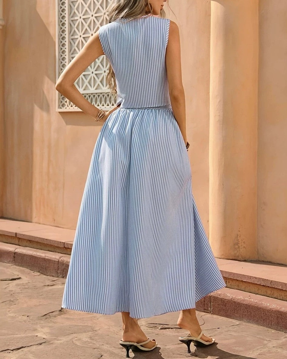 Pinstripe Button Front Top And Maxi Skirt Set - Blue - 2