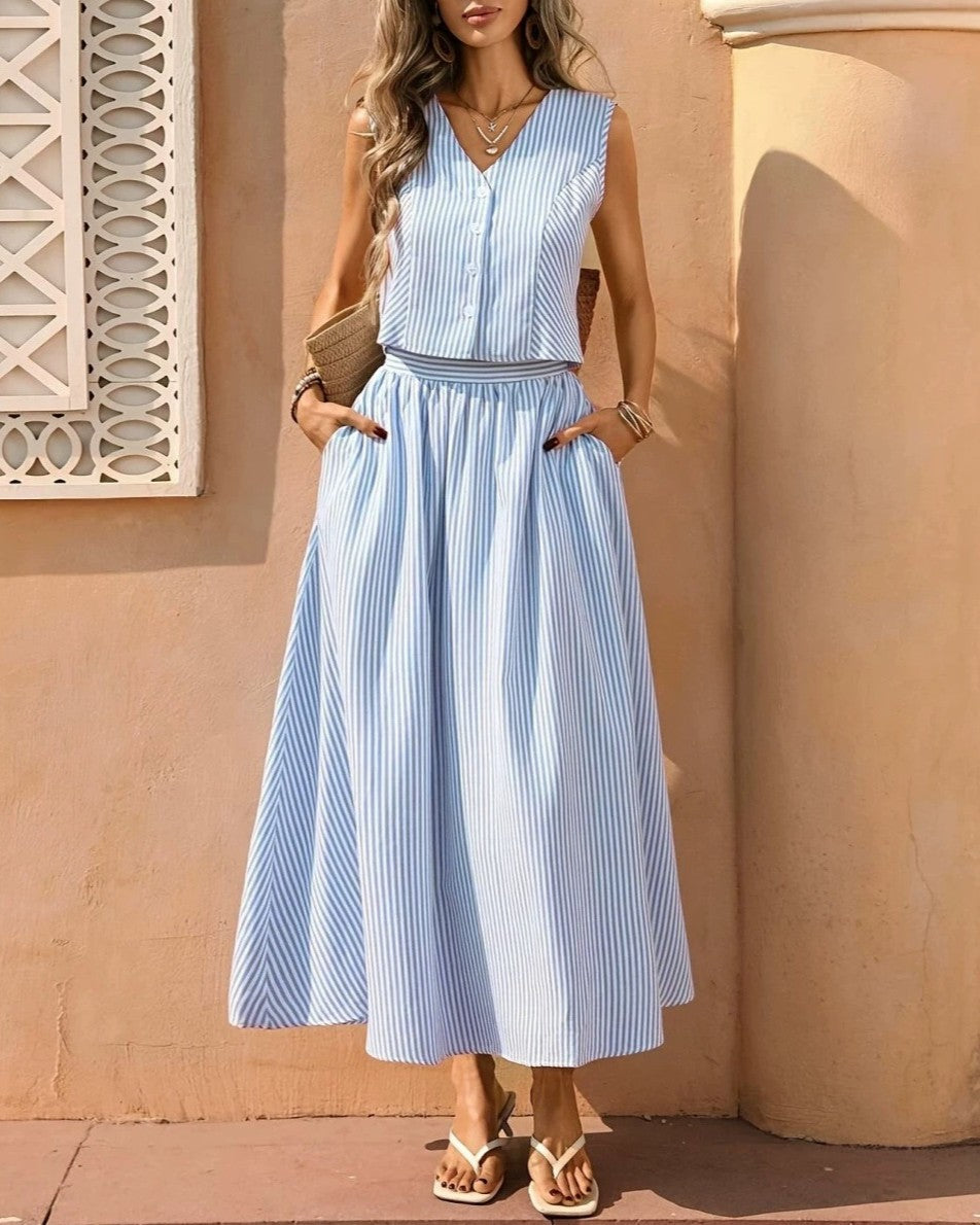 Pinstripe Button Front Top And Maxi Skirt Set - Blue - 3