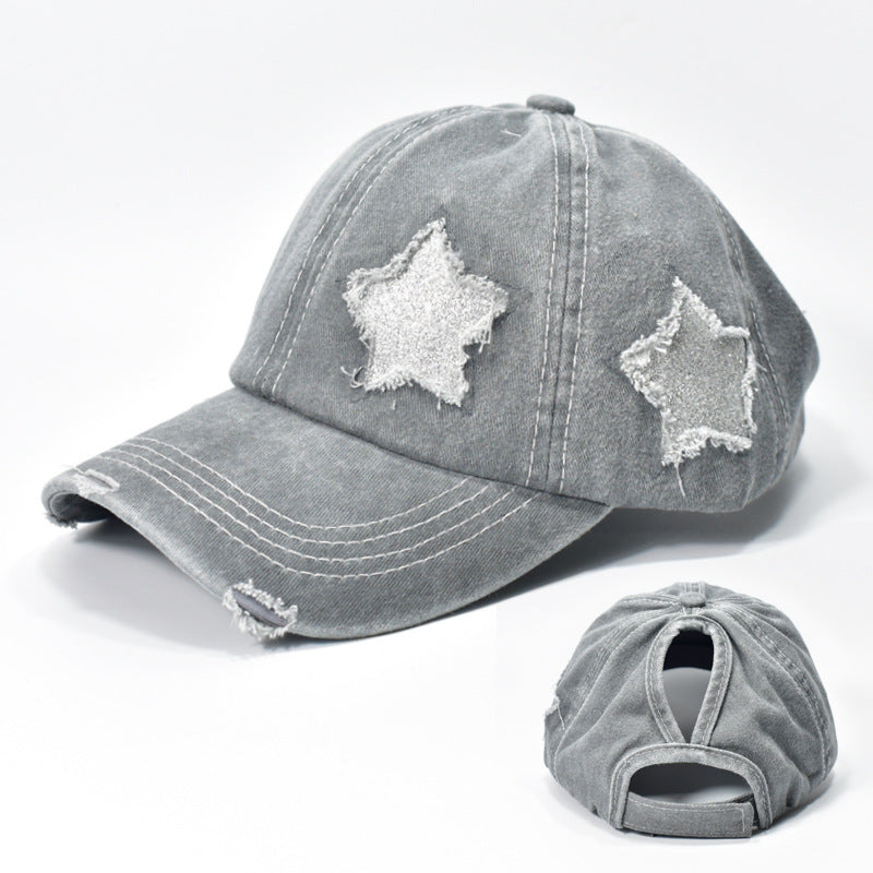 Glitter Star Patch Ponytail Baseball Cap - Grey