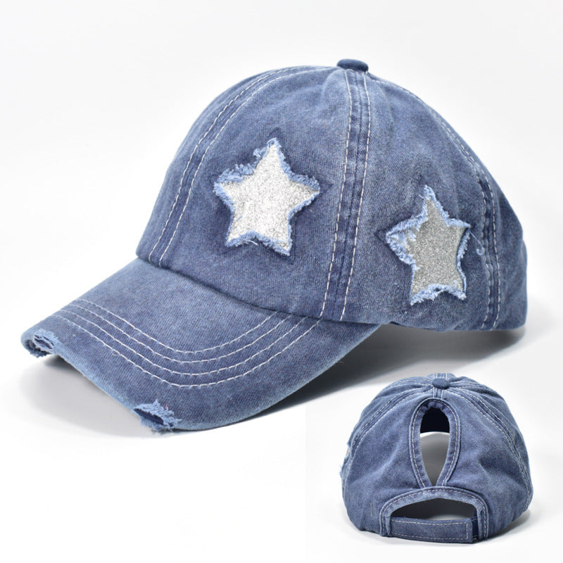 Glitter Star Patch Ponytail Baseball Cap - Navy