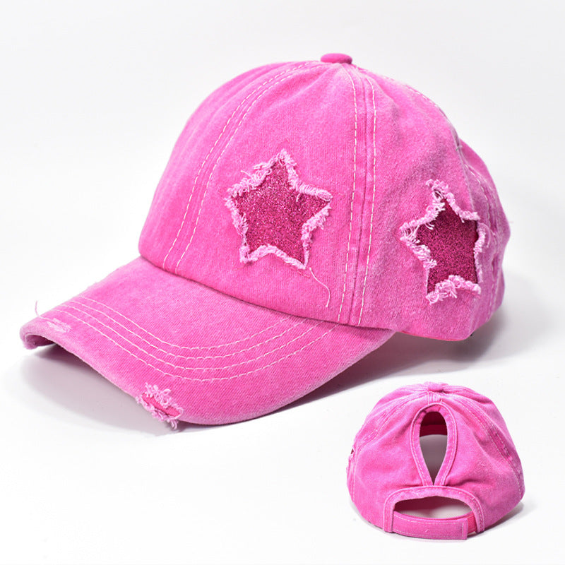 Glitter Star Patch Ponytail Baseball Cap - Rose