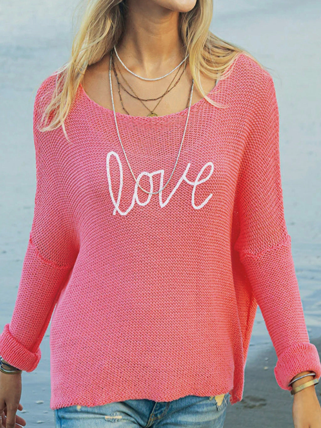 Love Graphic Boat Neck Knit Top - Peach